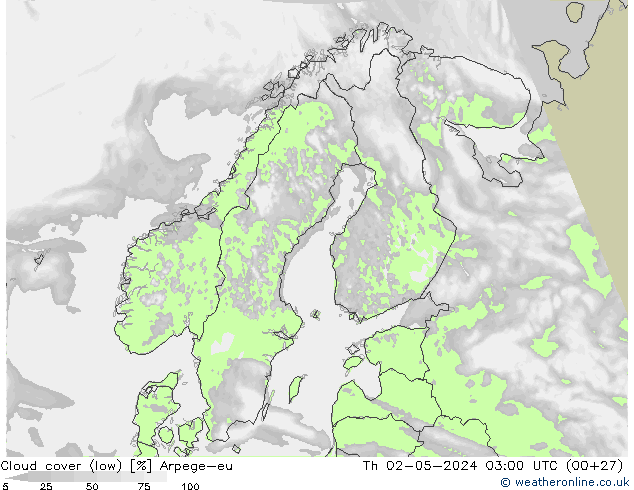 Cloud cover (low) Arpege-eu Th 02.05.2024 03 UTC