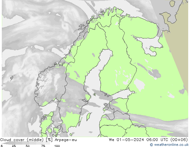 Cloud cover (middle) Arpege-eu We 01.05.2024 06 UTC