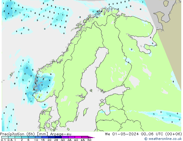 Précipitation (6h) Arpege-eu mer 01.05.2024 06 UTC