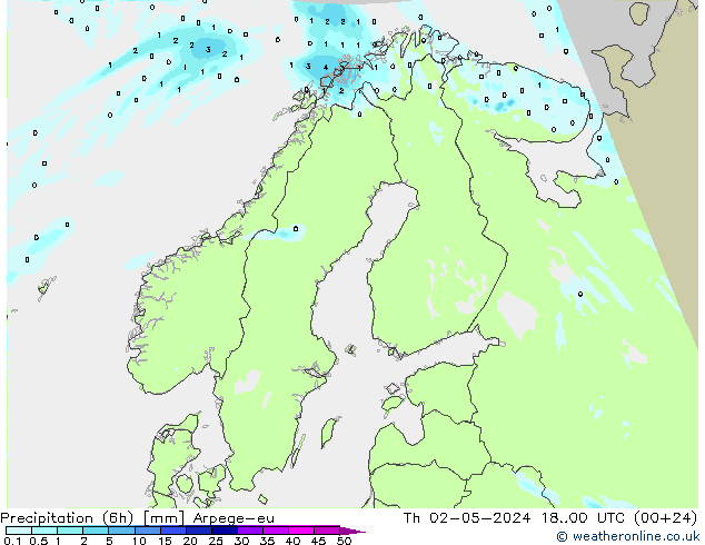 Precipitation (6h) Arpege-eu Čt 02.05.2024 00 UTC