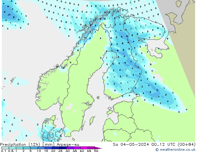 осадки (12h) Arpege-eu сб 04.05.2024 12 UTC