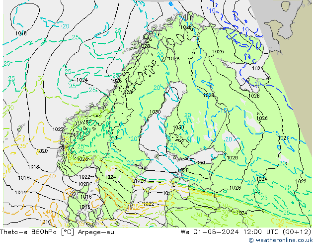 Theta-e 850hPa Arpege-eu śro. 01.05.2024 12 UTC