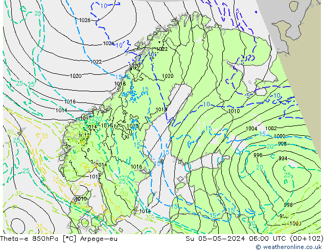 Theta-e 850hPa Arpege-eu zo 05.05.2024 06 UTC