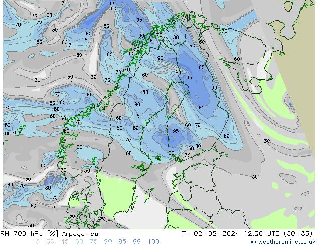 RH 700 hPa Arpege-eu Th 02.05.2024 12 UTC