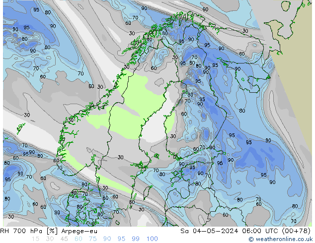 RH 700 hPa Arpege-eu Sa 04.05.2024 06 UTC