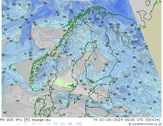 RH 925 hPa Arpege-eu Qui 02.05.2024 00 UTC