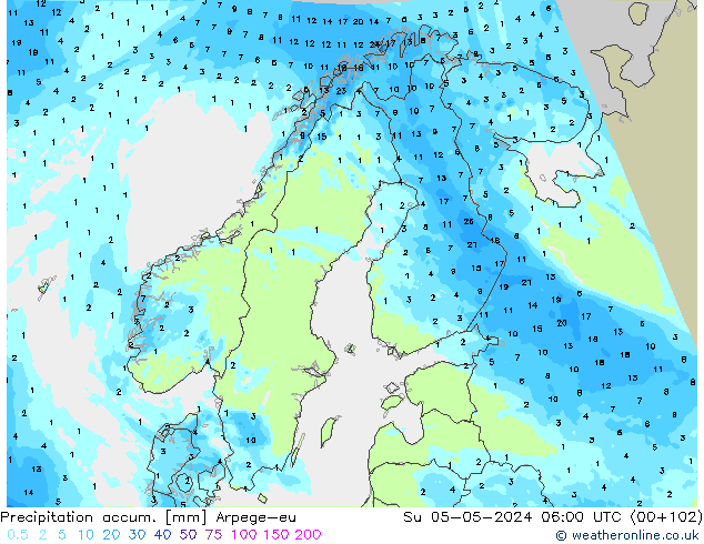 Precipitation accum. Arpege-eu Su 05.05.2024 06 UTC