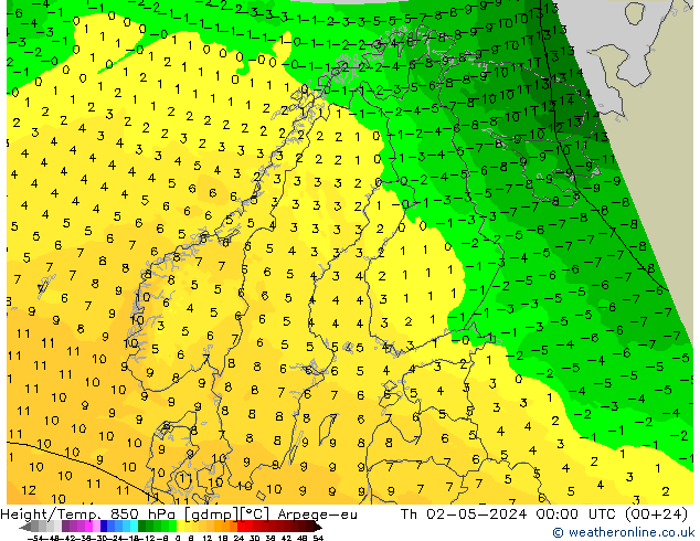 Height/Temp. 850 hPa Arpege-eu Čt 02.05.2024 00 UTC