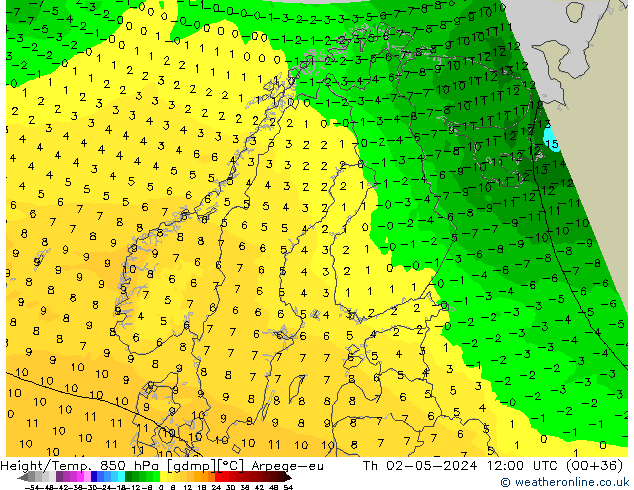 Height/Temp. 850 hPa Arpege-eu Čt 02.05.2024 12 UTC