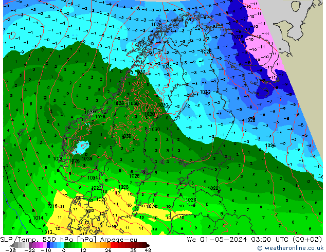 SLP/Temp. 850 hPa Arpege-eu We 01.05.2024 03 UTC