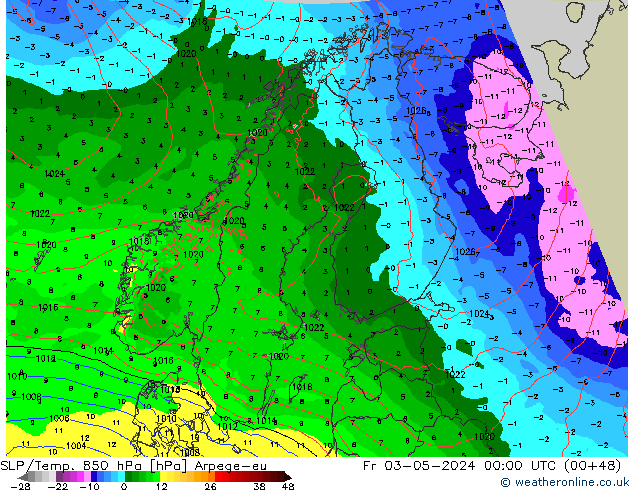 SLP/Temp. 850 hPa Arpege-eu Fr 03.05.2024 00 UTC