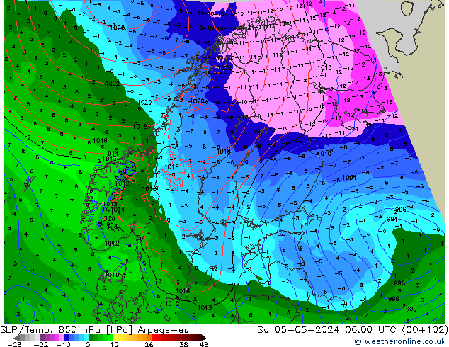 SLP/Temp. 850 hPa Arpege-eu zo 05.05.2024 06 UTC