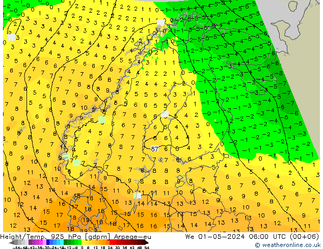 Géop./Temp. 925 hPa Arpege-eu mer 01.05.2024 06 UTC