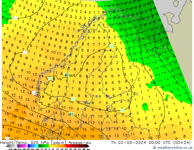 Height/Temp. 925 hPa Arpege-eu Čt 02.05.2024 00 UTC