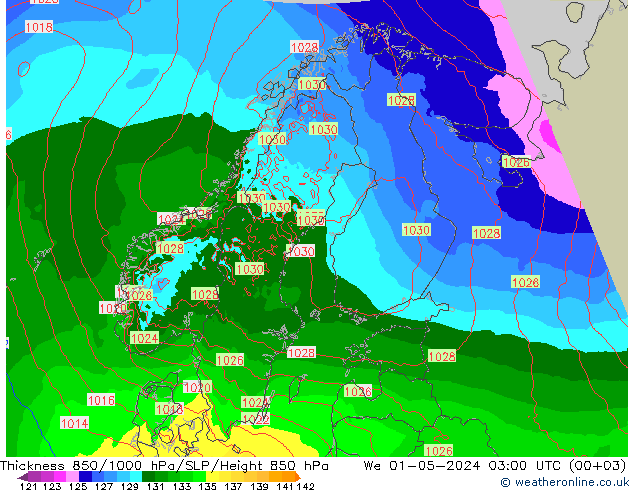 Schichtdicke 850-1000 hPa Arpege-eu Mi 01.05.2024 03 UTC