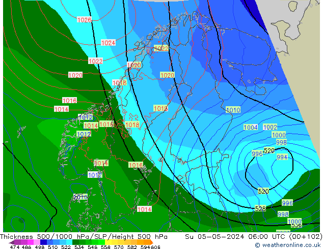 Thck 500-1000гПа Arpege-eu Вс 05.05.2024 06 UTC