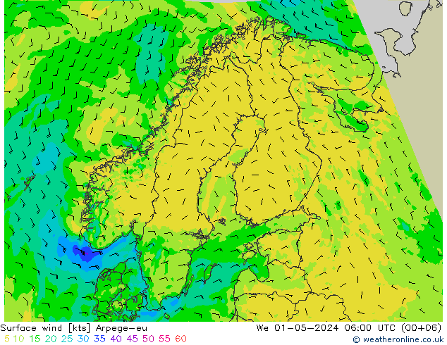 Vent 10 m Arpege-eu mer 01.05.2024 06 UTC