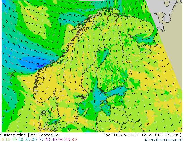 wiatr 10 m Arpege-eu so. 04.05.2024 18 UTC