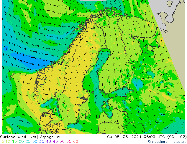 Viento 10 m Arpege-eu dom 05.05.2024 06 UTC