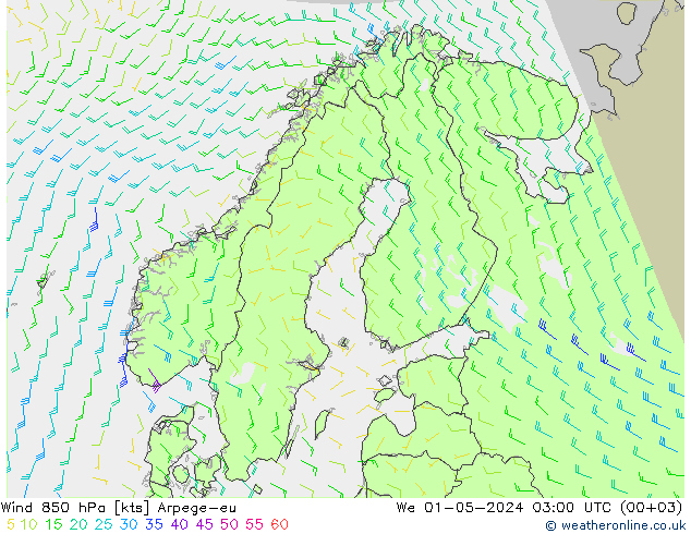 Vento 850 hPa Arpege-eu mer 01.05.2024 03 UTC