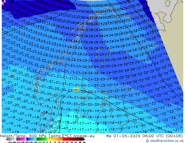 Height/Temp. 500 hPa Arpege-eu Mi 01.05.2024 06 UTC