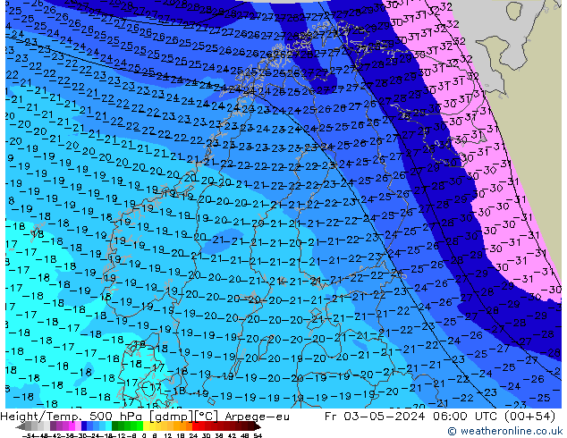 Hoogte/Temp. 500 hPa Arpege-eu vr 03.05.2024 06 UTC