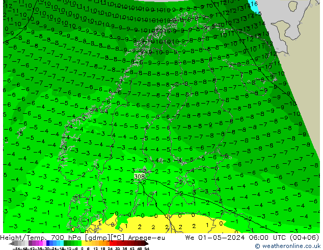 Height/Temp. 700 hPa Arpege-eu We 01.05.2024 06 UTC