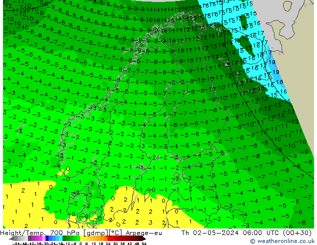 Height/Temp. 700 гПа Arpege-eu чт 02.05.2024 06 UTC