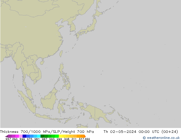 Espesor 700-1000 hPa Arpege-eu jue 02.05.2024 00 UTC