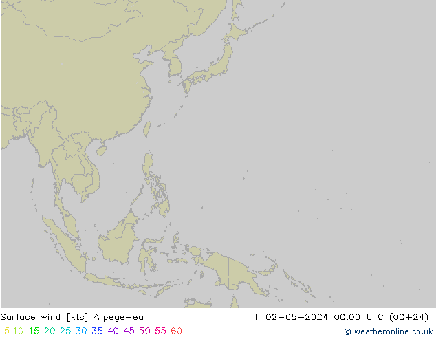 Viento 10 m Arpege-eu jue 02.05.2024 00 UTC