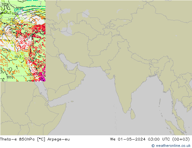 Theta-e 850hPa Arpege-eu We 01.05.2024 03 UTC