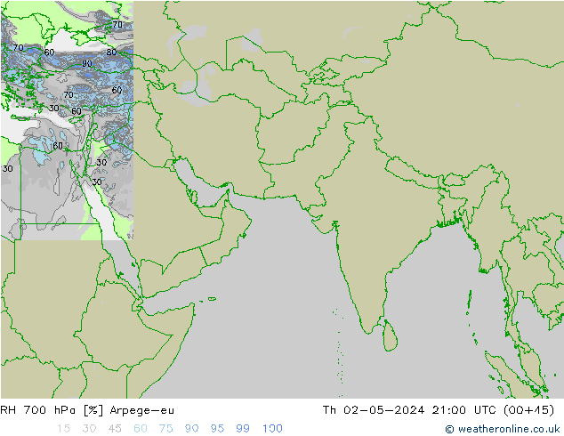 RH 700 hPa Arpege-eu czw. 02.05.2024 21 UTC