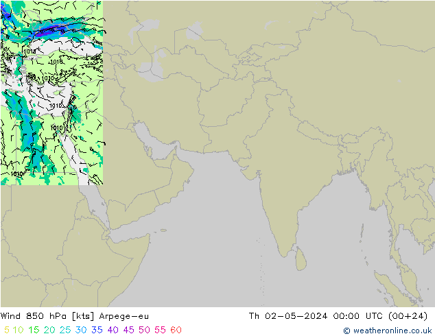 Wind 850 hPa Arpege-eu Th 02.05.2024 00 UTC