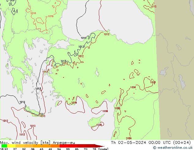 Max. wind velocity Arpege-eu gio 02.05.2024 00 UTC