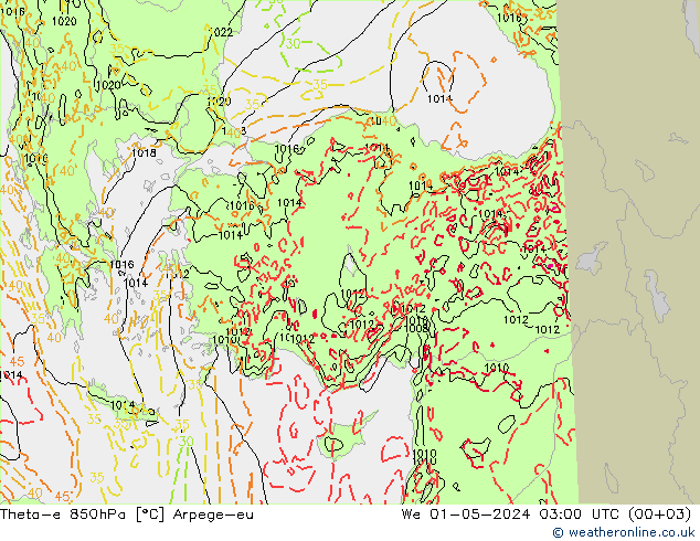 Theta-e 850hPa Arpege-eu St 01.05.2024 03 UTC