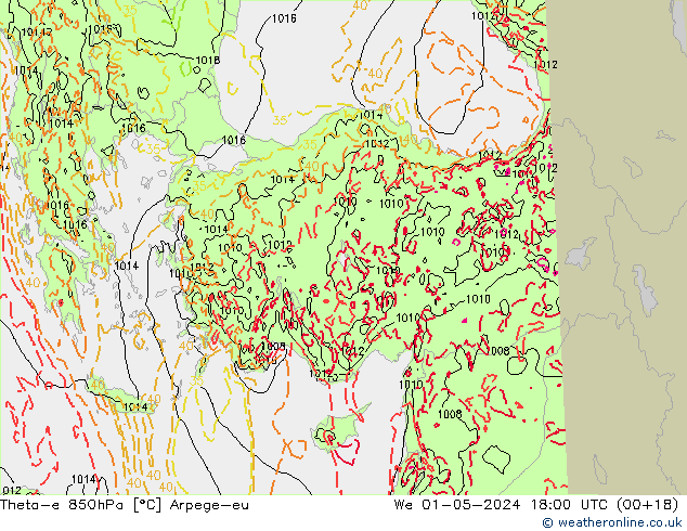 Theta-e 850hPa Arpege-eu We 01.05.2024 18 UTC