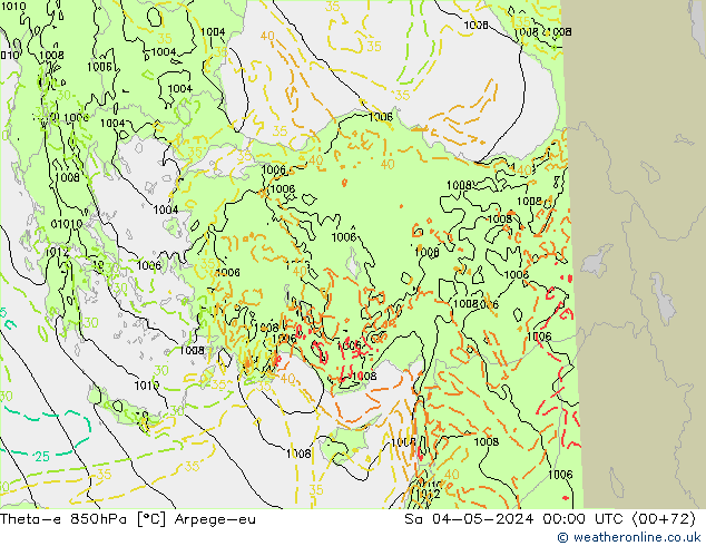 Theta-e 850hPa Arpege-eu Sa 04.05.2024 00 UTC