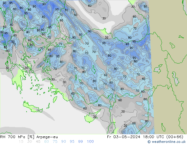 Humedad rel. 700hPa Arpege-eu vie 03.05.2024 18 UTC