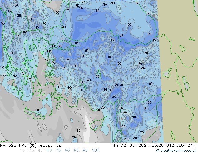 Humedad rel. 925hPa Arpege-eu jue 02.05.2024 00 UTC