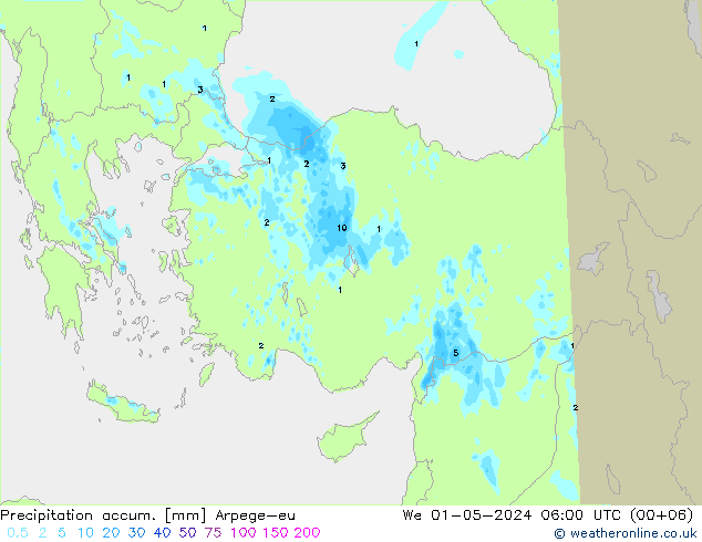 Precipitation accum. Arpege-eu śro. 01.05.2024 06 UTC