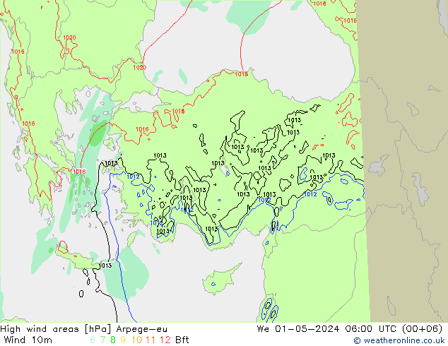 High wind areas Arpege-eu mer 01.05.2024 06 UTC