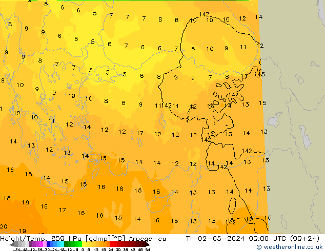 Géop./Temp. 850 hPa Arpege-eu jeu 02.05.2024 00 UTC