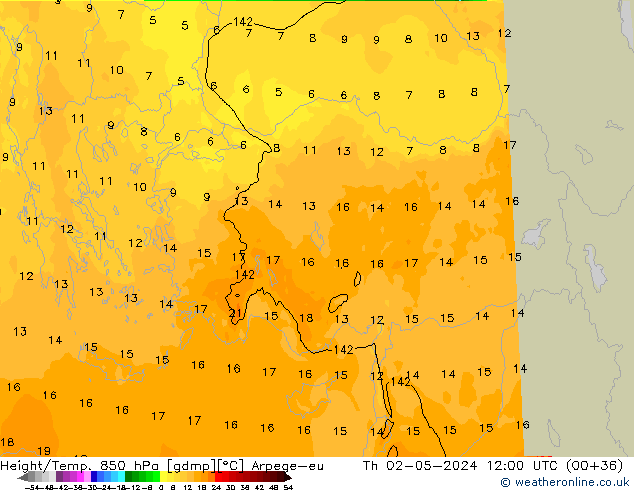 Height/Temp. 850 hPa Arpege-eu czw. 02.05.2024 12 UTC