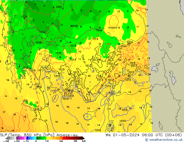 850 hPa Yer Bas./Sıc Arpege-eu Çar 01.05.2024 06 UTC