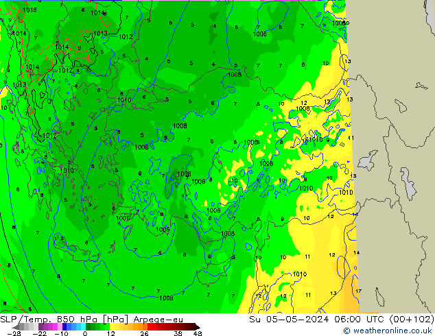 SLP/Temp. 850 hPa Arpege-eu Ne 05.05.2024 06 UTC