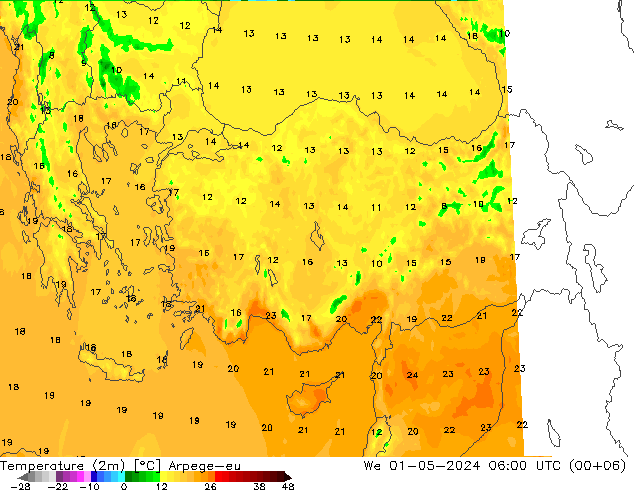 Sıcaklık Haritası (2m) Arpege-eu Çar 01.05.2024 06 UTC