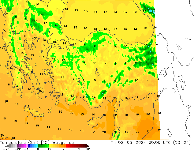 Temperatuurkaart (2m) Arpege-eu do 02.05.2024 00 UTC