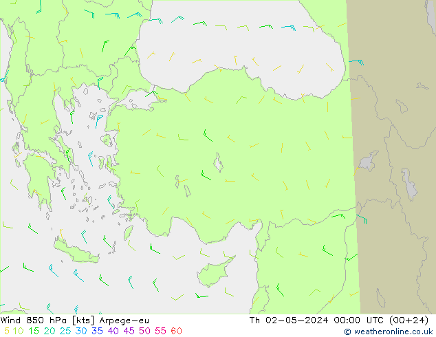 Viento 850 hPa Arpege-eu jue 02.05.2024 00 UTC