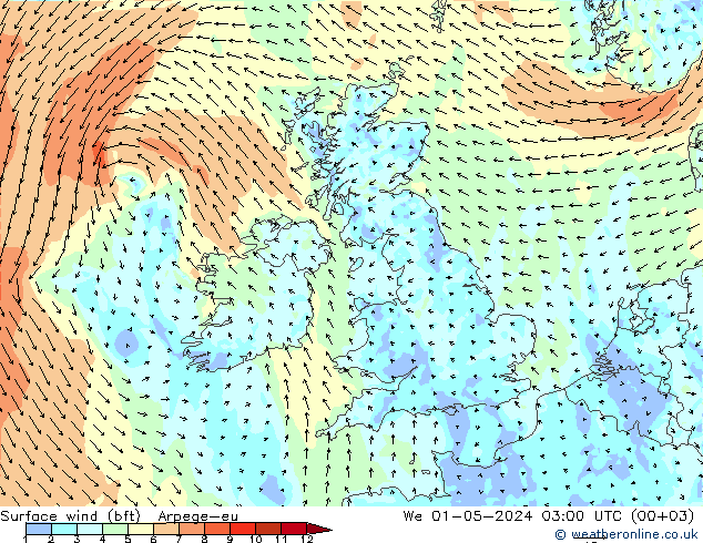 Surface wind (bft) Arpege-eu We 01.05.2024 03 UTC