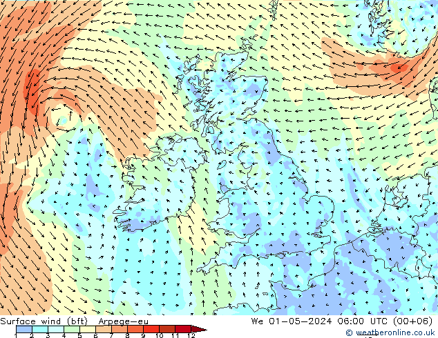 Vent 10 m (bft) Arpege-eu mer 01.05.2024 06 UTC